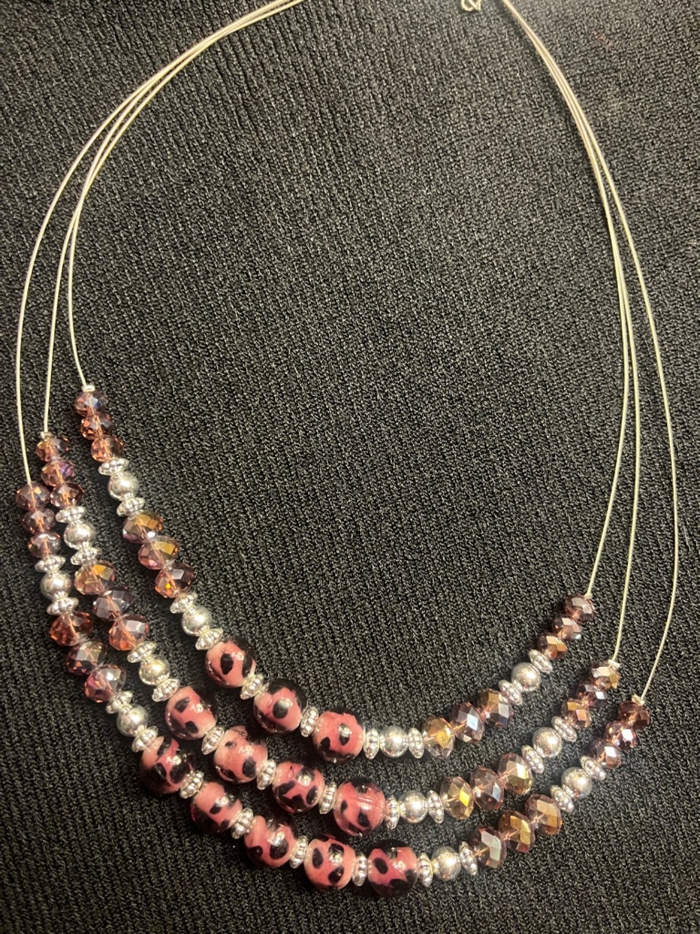Three-Strand Multi Brown, Pink and Silver Beaded Statement Necklace